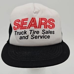 Vintage Sears Trucker Hat Cap Truck Tire Sales and Service Black White Red